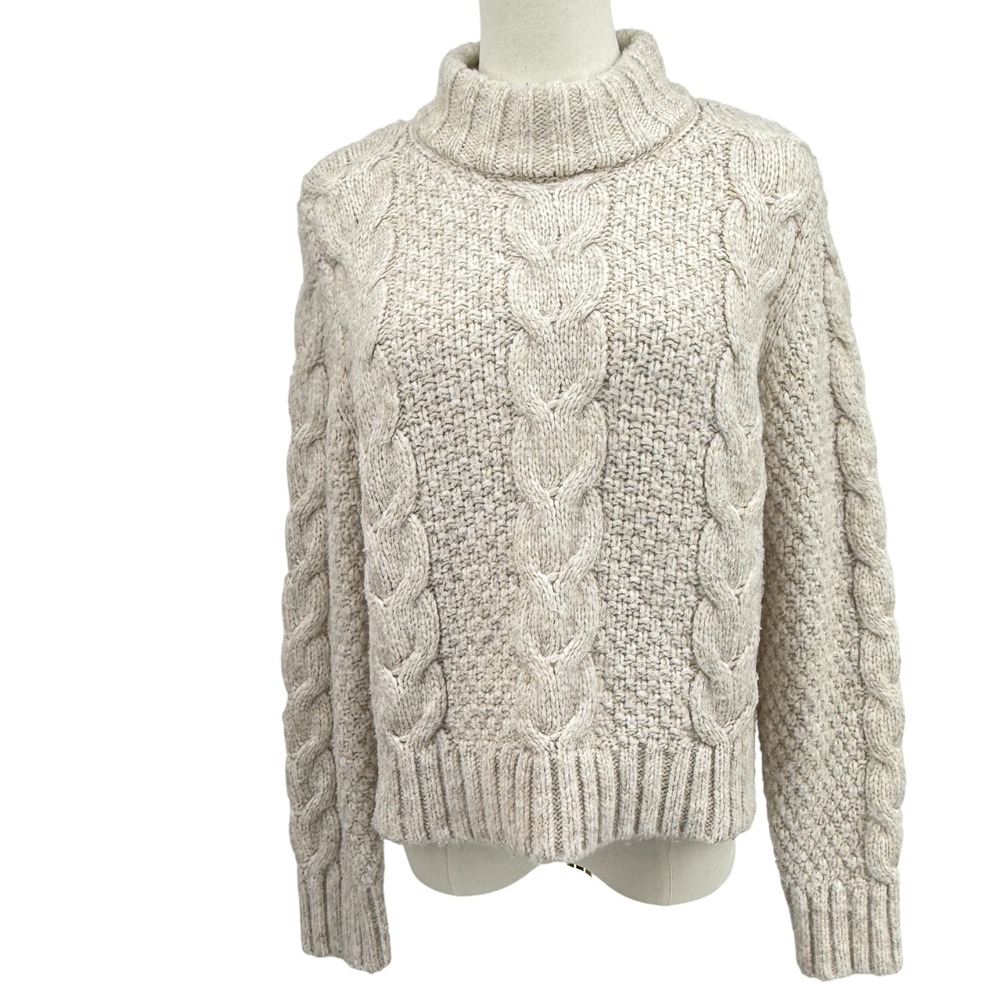 Chunky Cable Knit Mock Neck Sweater‎ Beige Oatmeal Heather Long Sleeve Textured - Picture 4 of 9